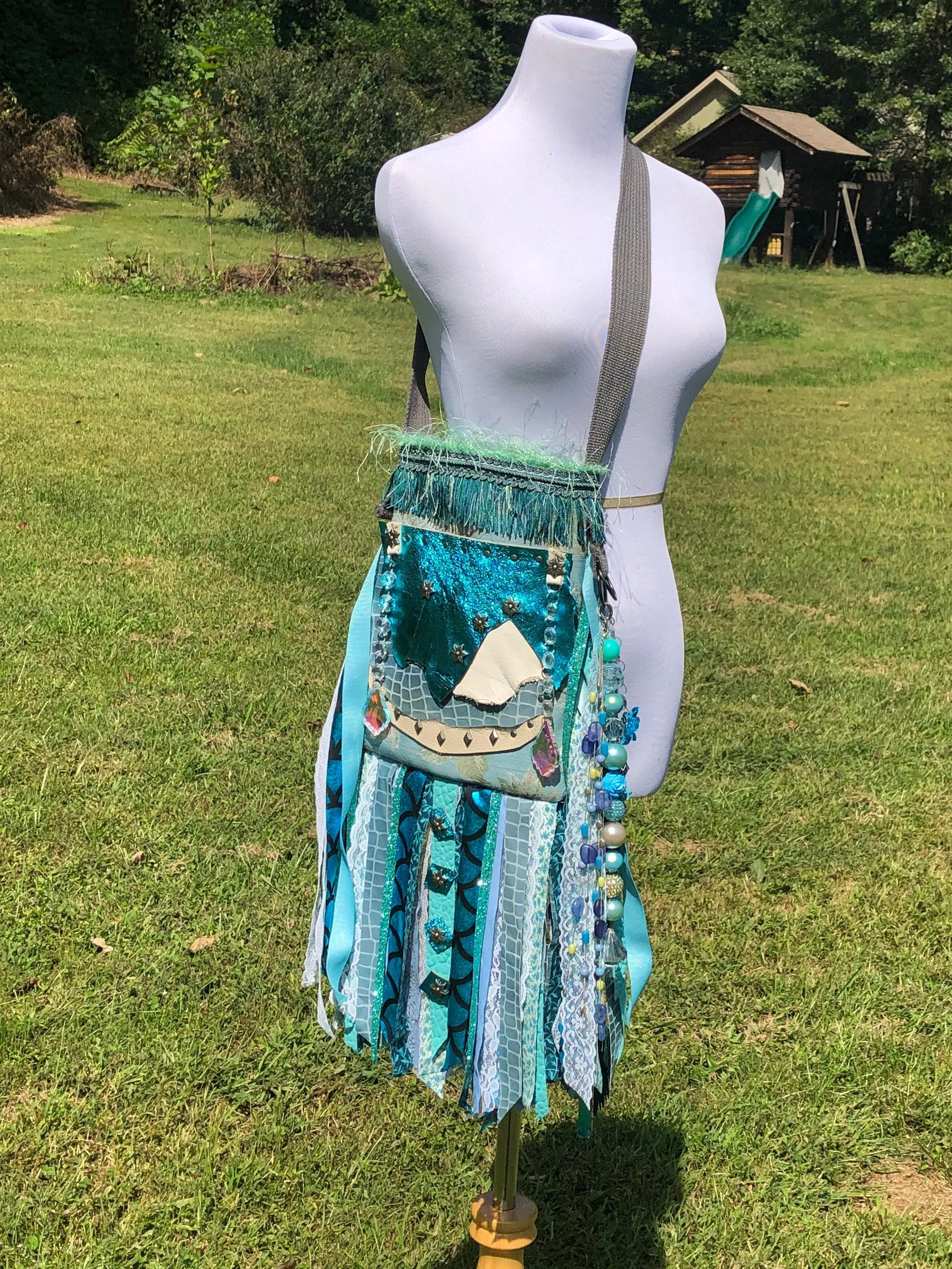 Teal Water Goddess Bag, Embellished Boho Hippie Bag with Vintage Charm.