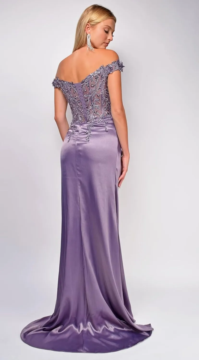 Teens Off Shoulder Satin Prom Dresses Long with Slit 2024 3D Flower Lace Applique Formal Evening Party Gowns VS049N