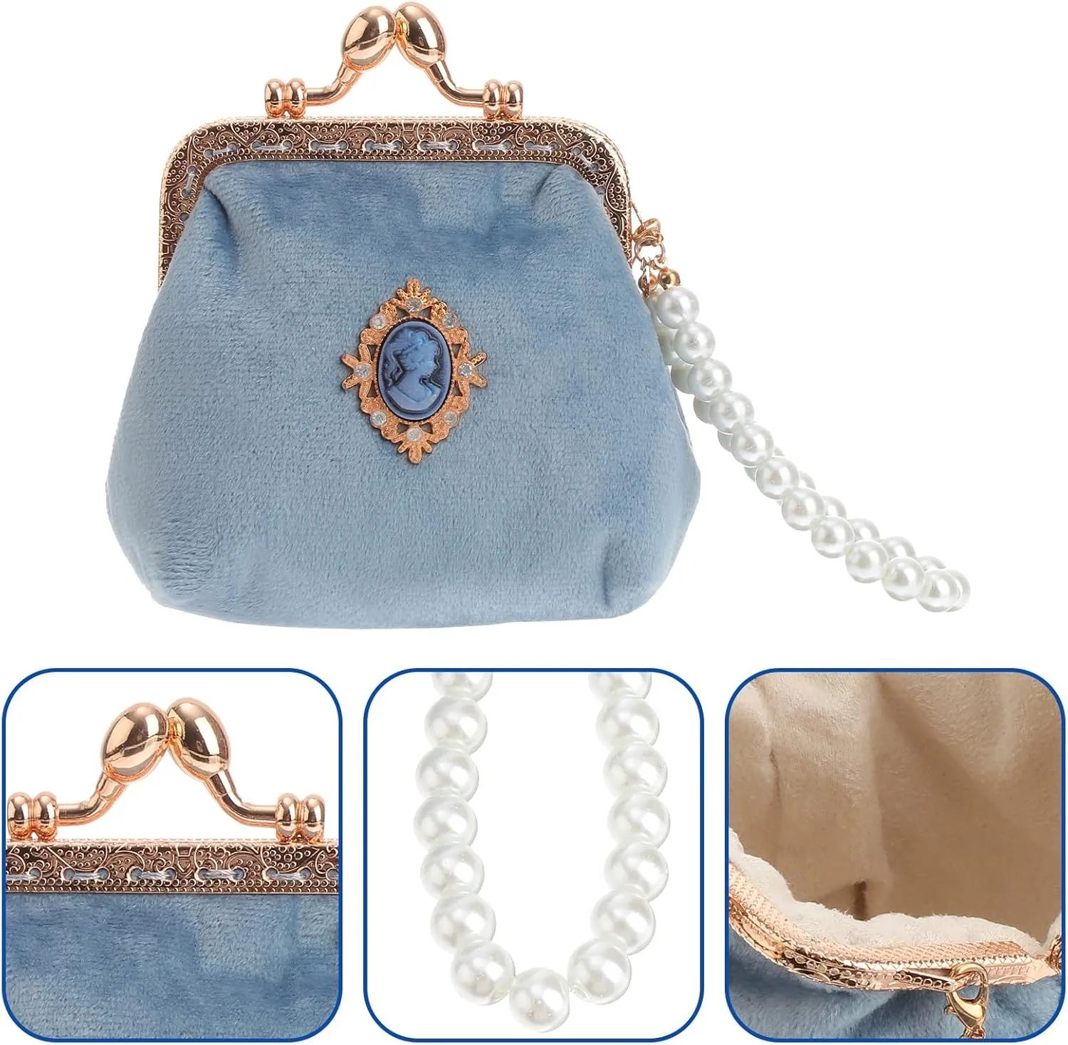 TENDYCOCO Vintage Purse Ladies Women Sky-blue Style Wallet Lady Chian - Girls Portable Lock Pearl Coin Kiss Pouch with Clasp Small Lovely for Fashion Retro Change Bag Money