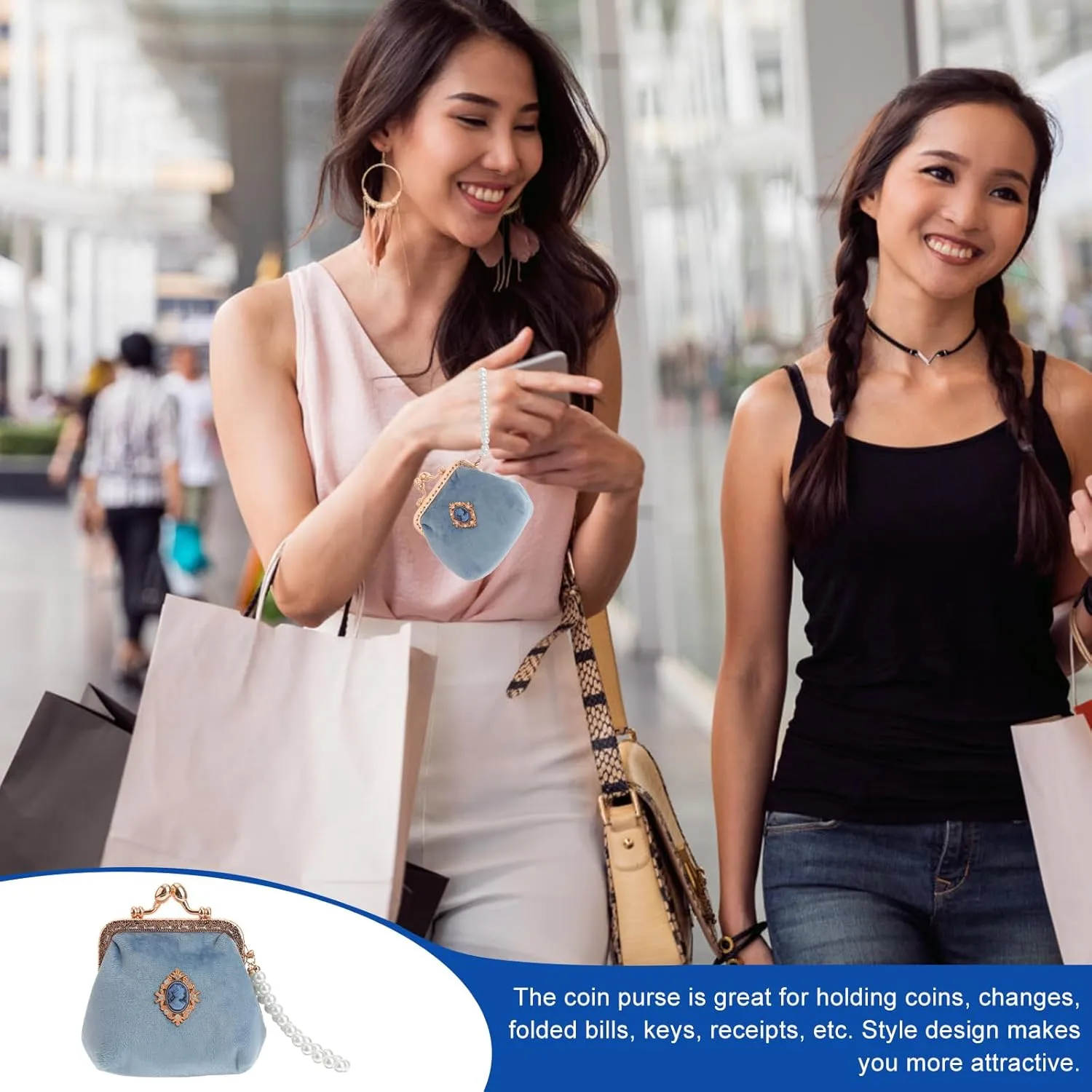 TENDYCOCO Vintage Purse Ladies Women Sky-blue Style Wallet Lady Chian - Girls Portable Lock Pearl Coin Kiss Pouch with Clasp Small Lovely for Fashion Retro Change Bag Money