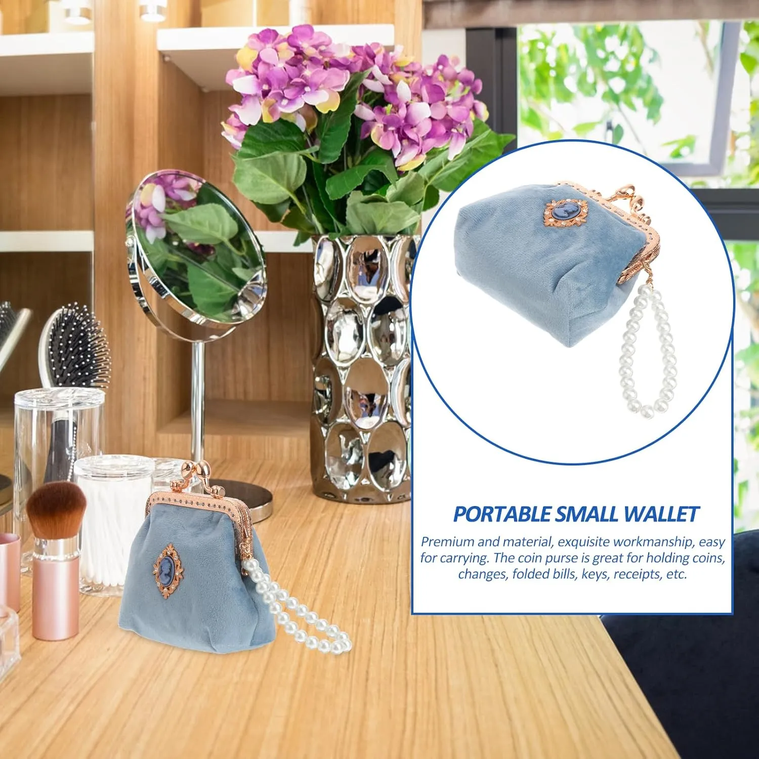 TENDYCOCO Vintage Purse Ladies Women Sky-blue Style Wallet Lady Chian - Girls Portable Lock Pearl Coin Kiss Pouch with Clasp Small Lovely for Fashion Retro Change Bag Money