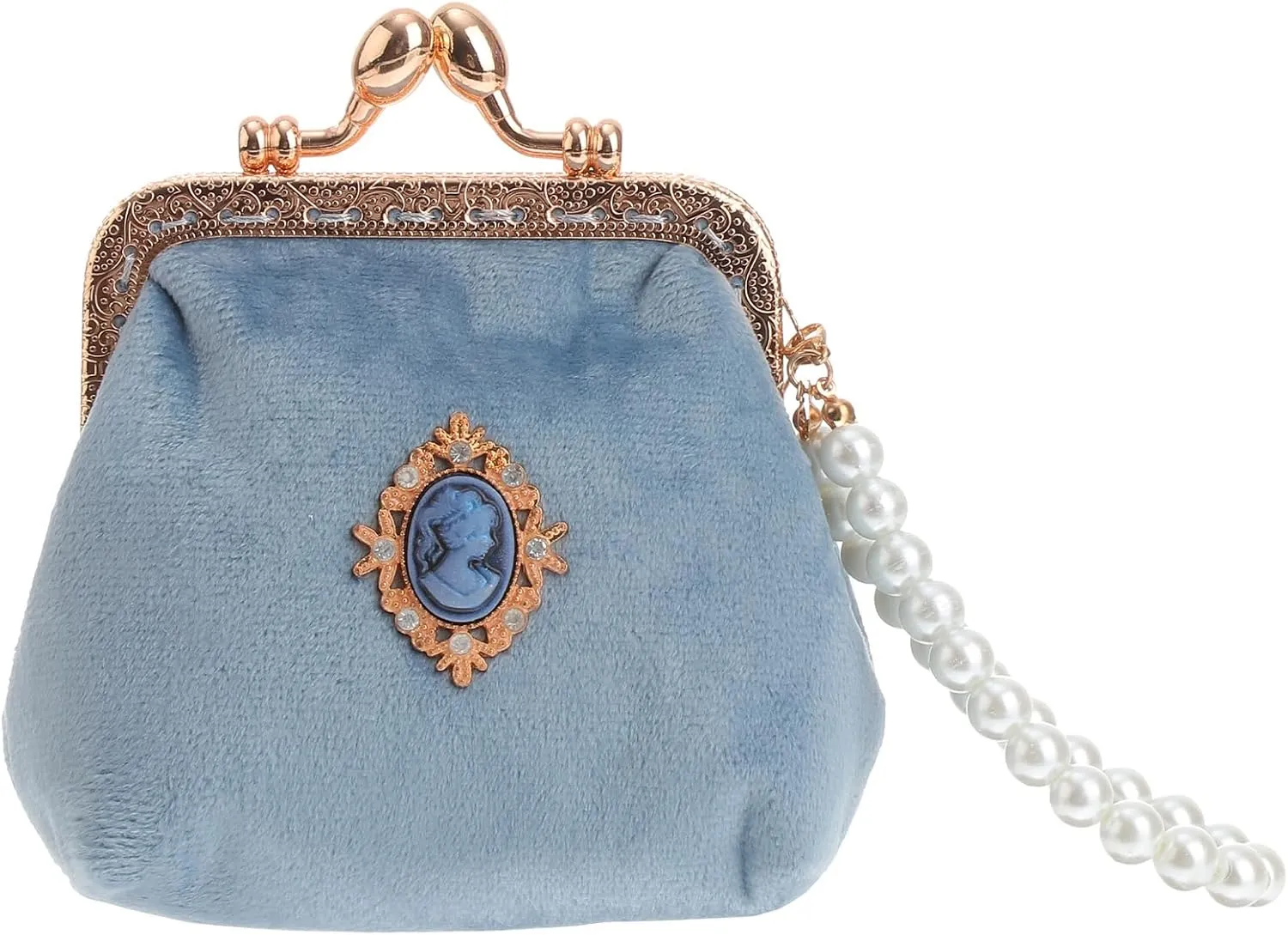 TENDYCOCO Vintage Purse Ladies Women Sky-blue Style Wallet Lady Chian - Girls Portable Lock Pearl Coin Kiss Pouch with Clasp Small Lovely for Fashion Retro Change Bag Money