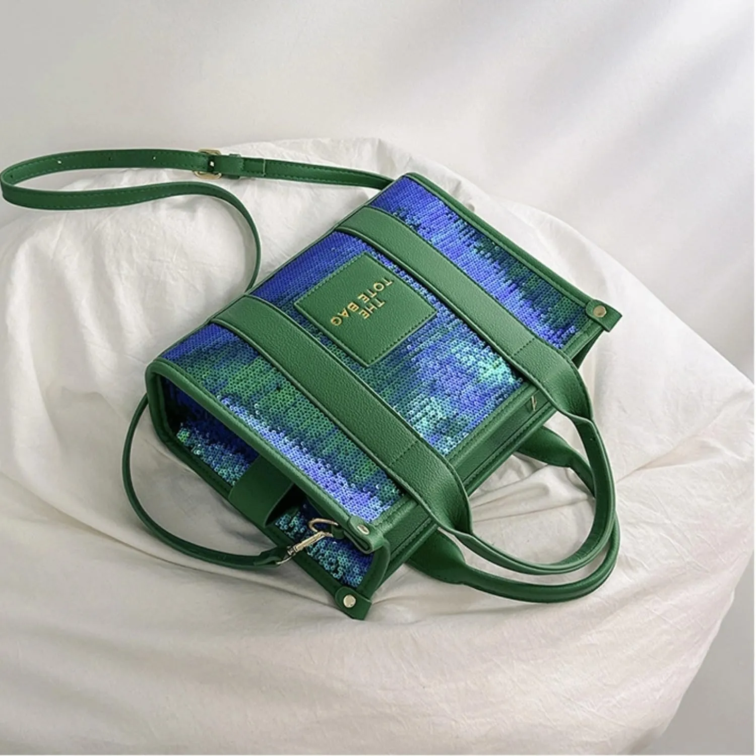 The Tote Bag for Women,Shining Leather Tote Bag with Zipper,Trendy Sequin Crossbody Purse,Top Handle Handbags,Blue