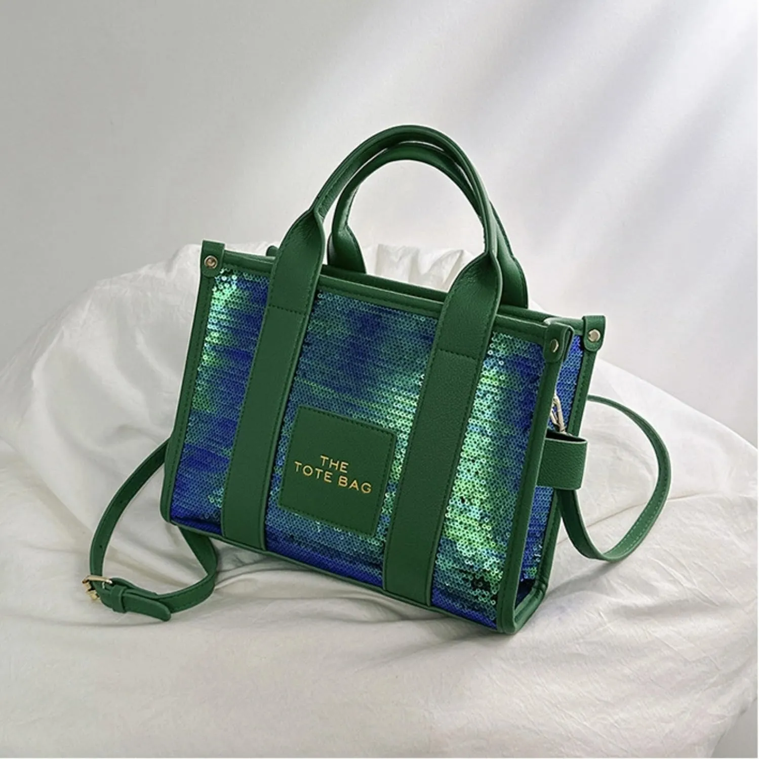 The Tote Bag for Women,Shining Leather Tote Bag with Zipper,Trendy Sequin Crossbody Purse,Top Handle Handbags,Blue