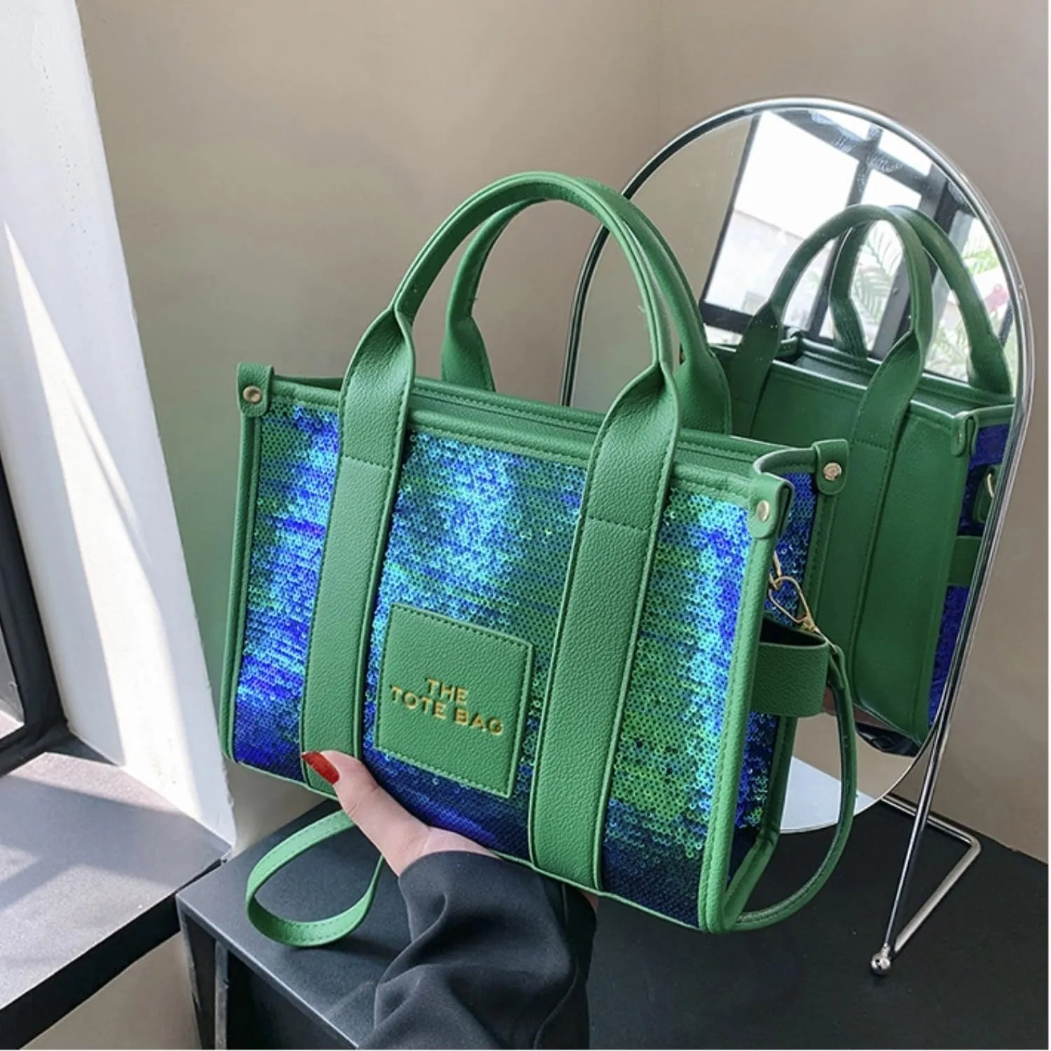 The Tote Bag for Women,Shining Leather Tote Bag with Zipper,Trendy Sequin Crossbody Purse,Top Handle Handbags,Blue