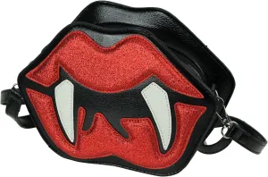 Things2Die4 Glittery Red Vampire Lips With Fangs Black Vinyl Crossbody Handbag Multicolor