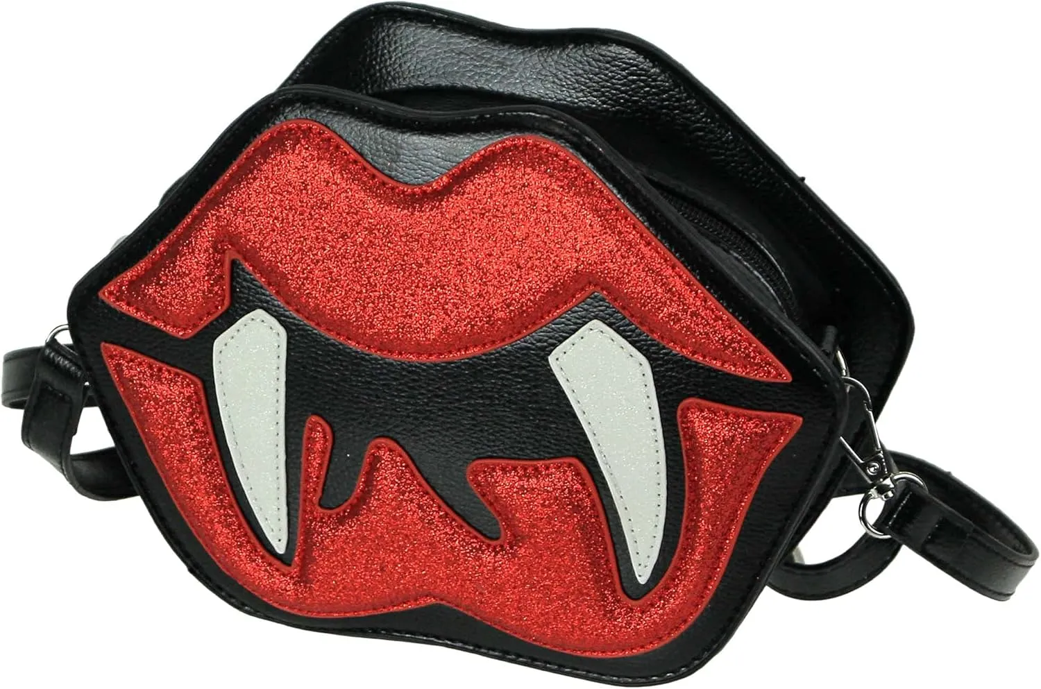 Things2Die4 Glittery Red Vampire Lips With Fangs Black Vinyl Crossbody Handbag Multicolor