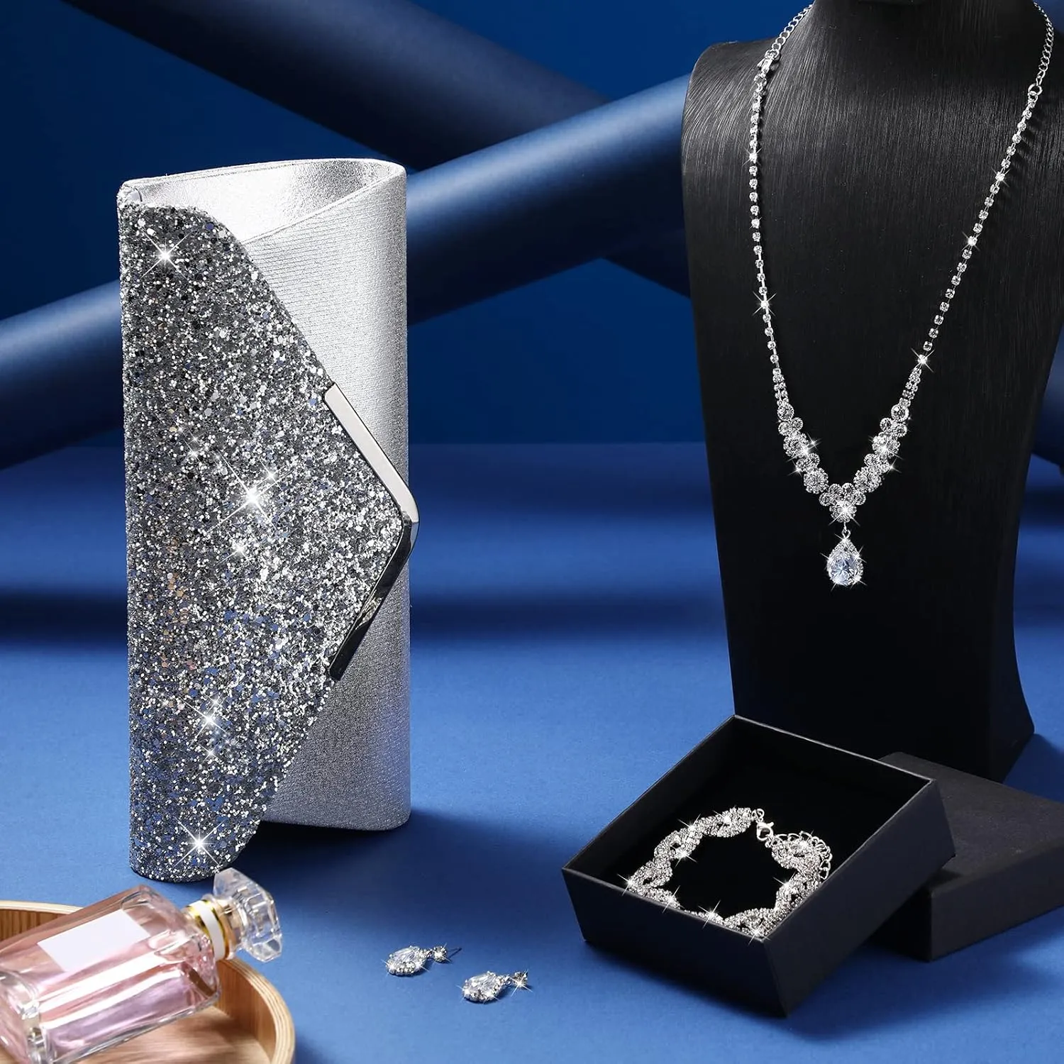 Tiamon 4 Pcs Women Rhinestone Jewelry Set Silver Accessories for Evening Wedding Party Christmas Gift