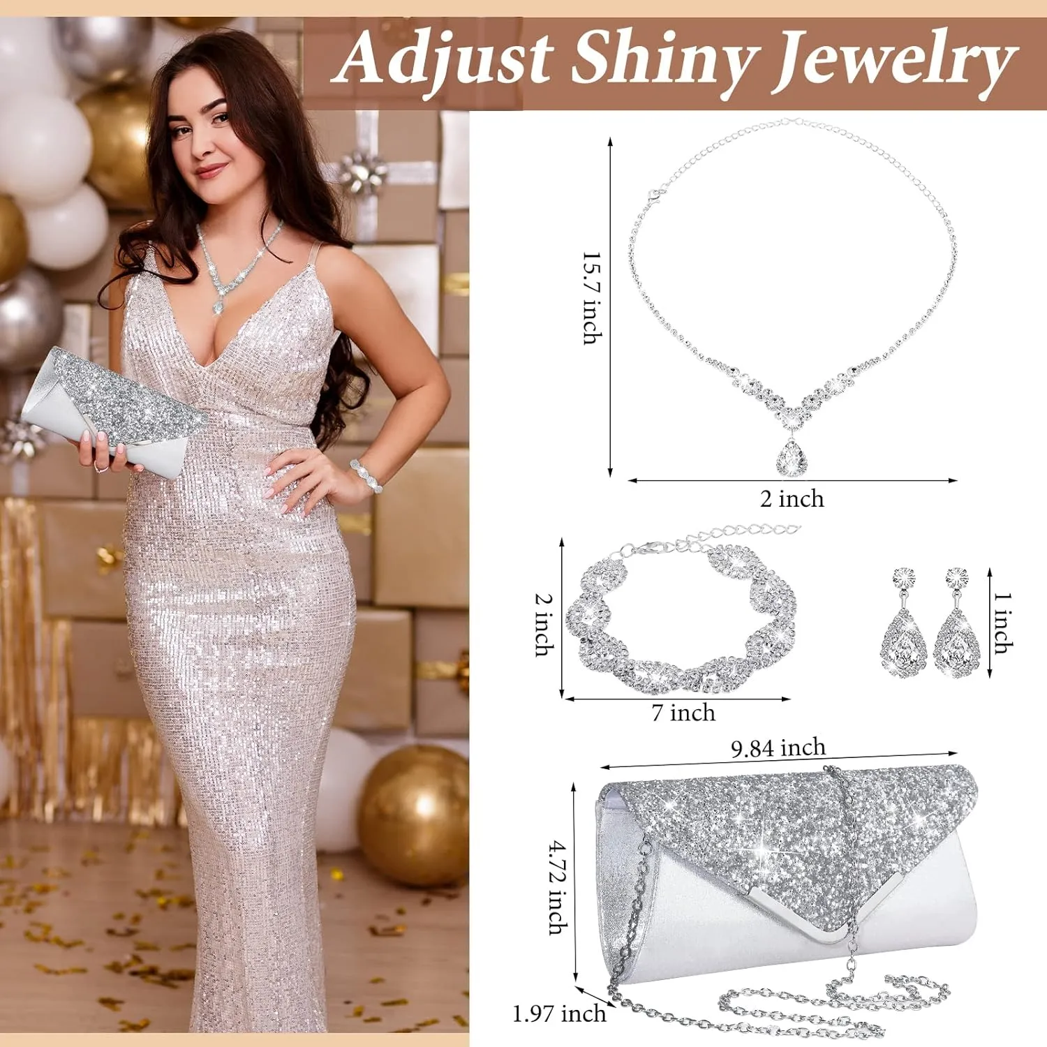 Tiamon 4 Pcs Women Rhinestone Jewelry Set Silver Accessories for Evening Wedding Party Christmas Gift
