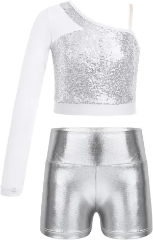 TiaoBug Girls Latin Jazz Modern Hip Hop Dance Outfits Sequins Mesh Long Sleeve One Shoulder Crop Top with Shorts Set