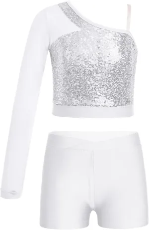 TiaoBug Girls Latin Jazz Modern Hip Hop Dance Outfits Sequins Mesh Long Sleeve One Shoulder Crop Top with Shorts Set