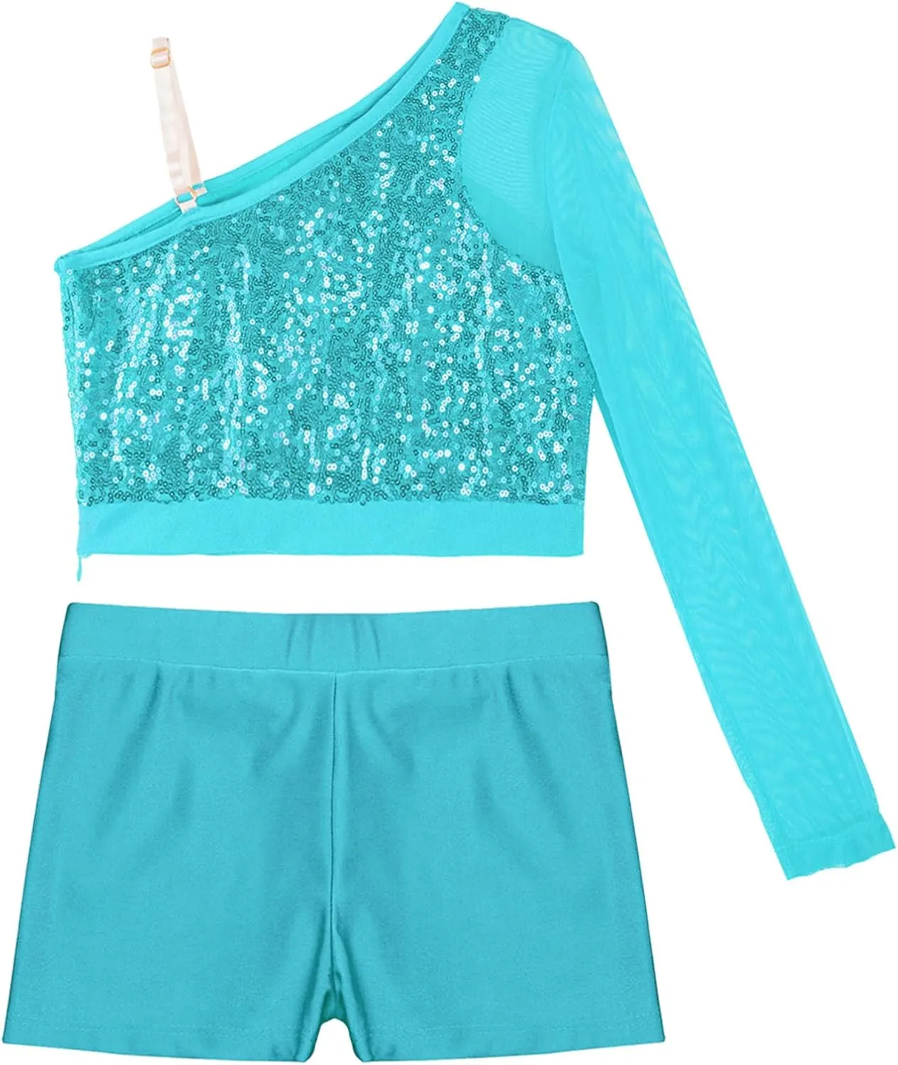 TiaoBug Girls Latin Jazz Modern Hip Hop Dance Outfits Sequins Mesh Long Sleeve One Shoulder Crop Top with Shorts Set