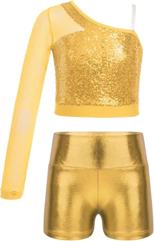 TiaoBug Girls Latin Jazz Modern Hip Hop Dance Outfits Sequins Mesh Long Sleeve One Shoulder Crop Top with Shorts Set