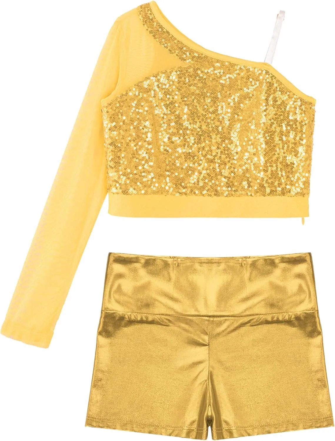 TiaoBug Girls Latin Jazz Modern Hip Hop Dance Outfits Sequins Mesh Long Sleeve One Shoulder Crop Top with Shorts Set