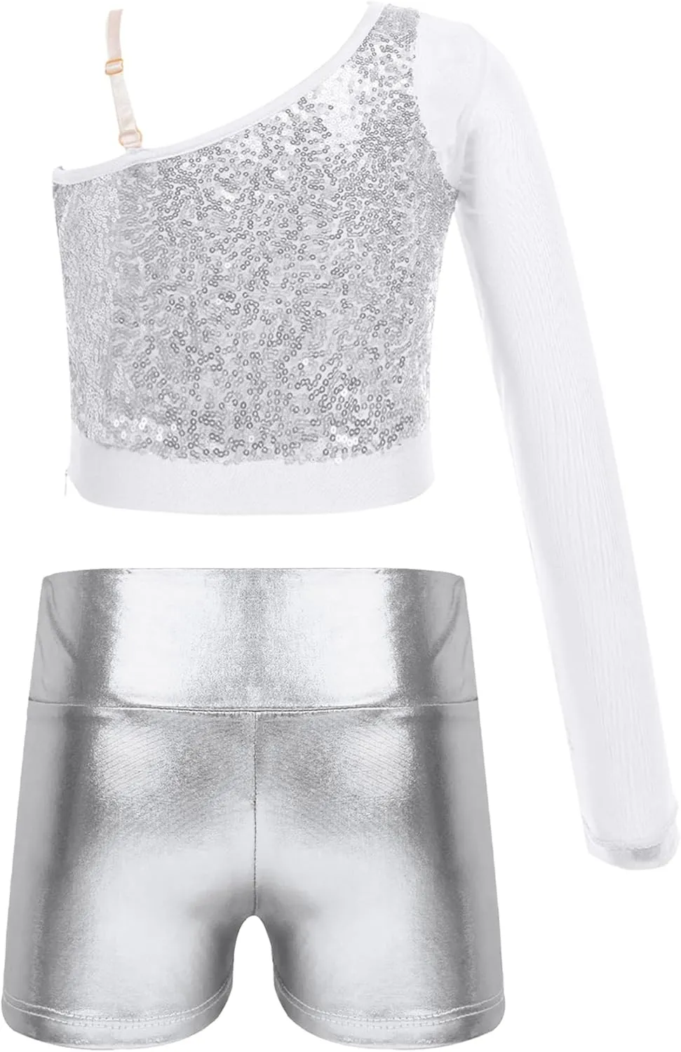 TiaoBug Girls Latin Jazz Modern Hip Hop Dance Outfits Sequins Mesh Long Sleeve One Shoulder Crop Top with Shorts Set