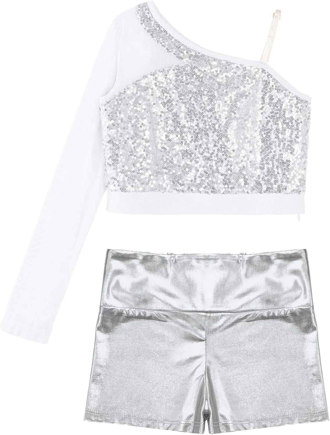 TiaoBug Girls Latin Jazz Modern Hip Hop Dance Outfits Sequins Mesh Long Sleeve One Shoulder Crop Top with Shorts Set