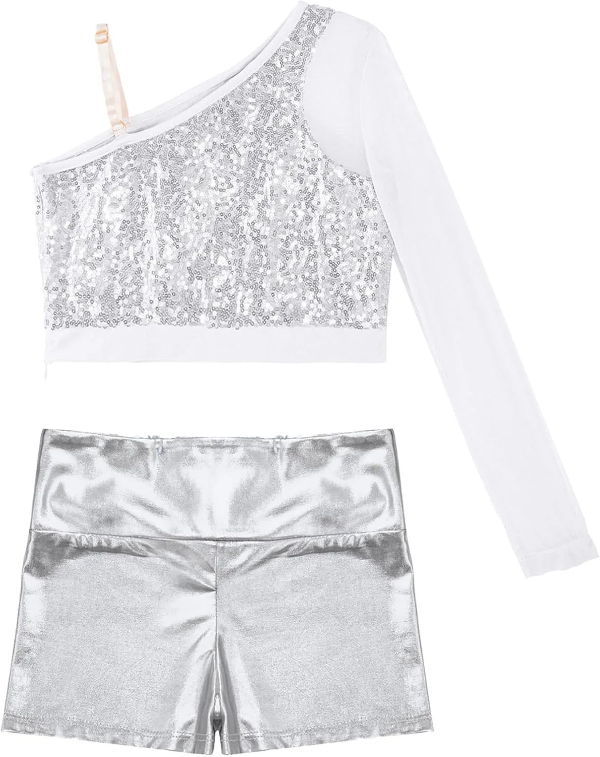 TiaoBug Girls Latin Jazz Modern Hip Hop Dance Outfits Sequins Mesh Long Sleeve One Shoulder Crop Top with Shorts Set