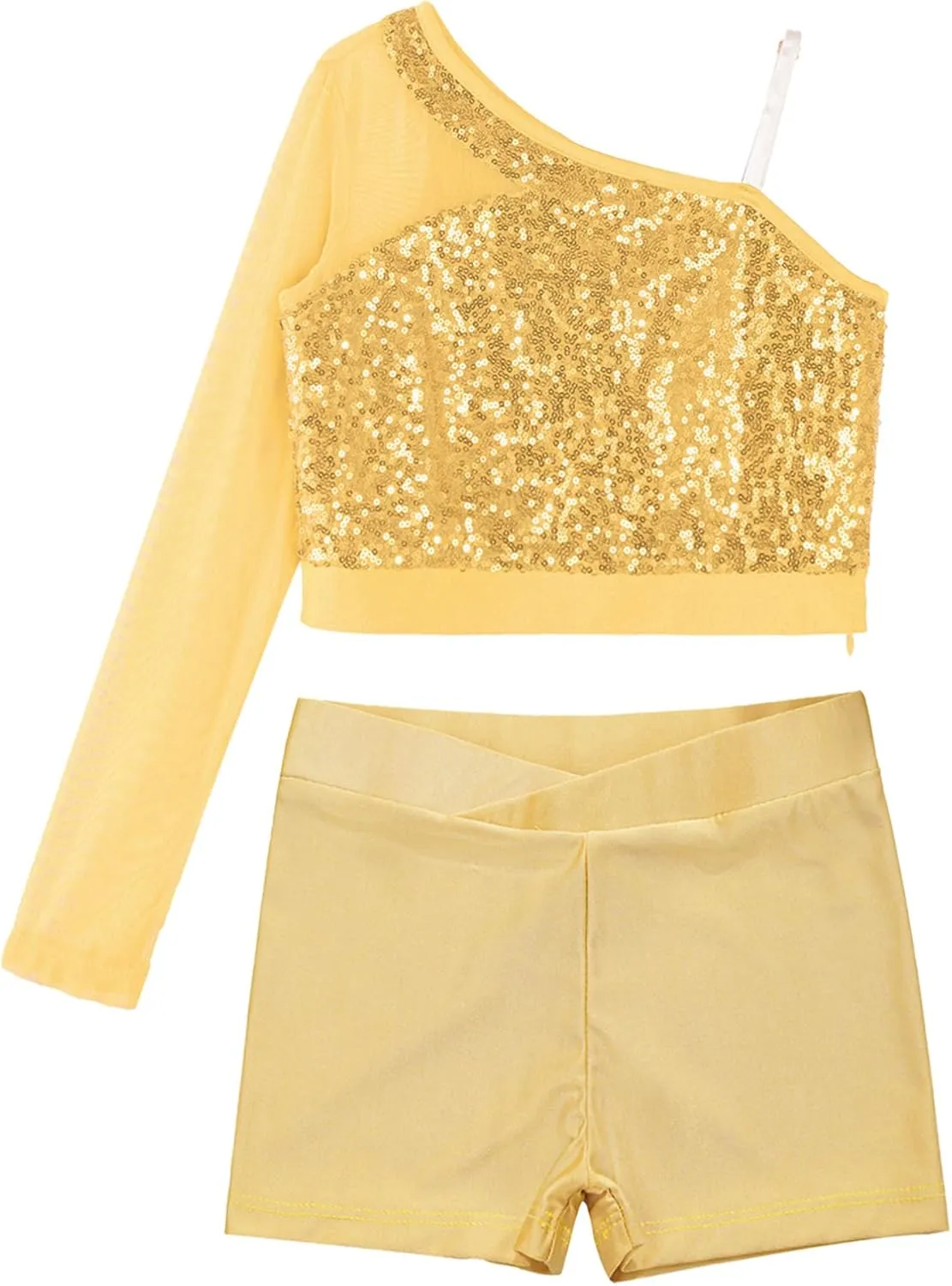 TiaoBug Girls Latin Jazz Modern Hip Hop Dance Outfits Sequins Mesh Long Sleeve One Shoulder Crop Top with Shorts Set