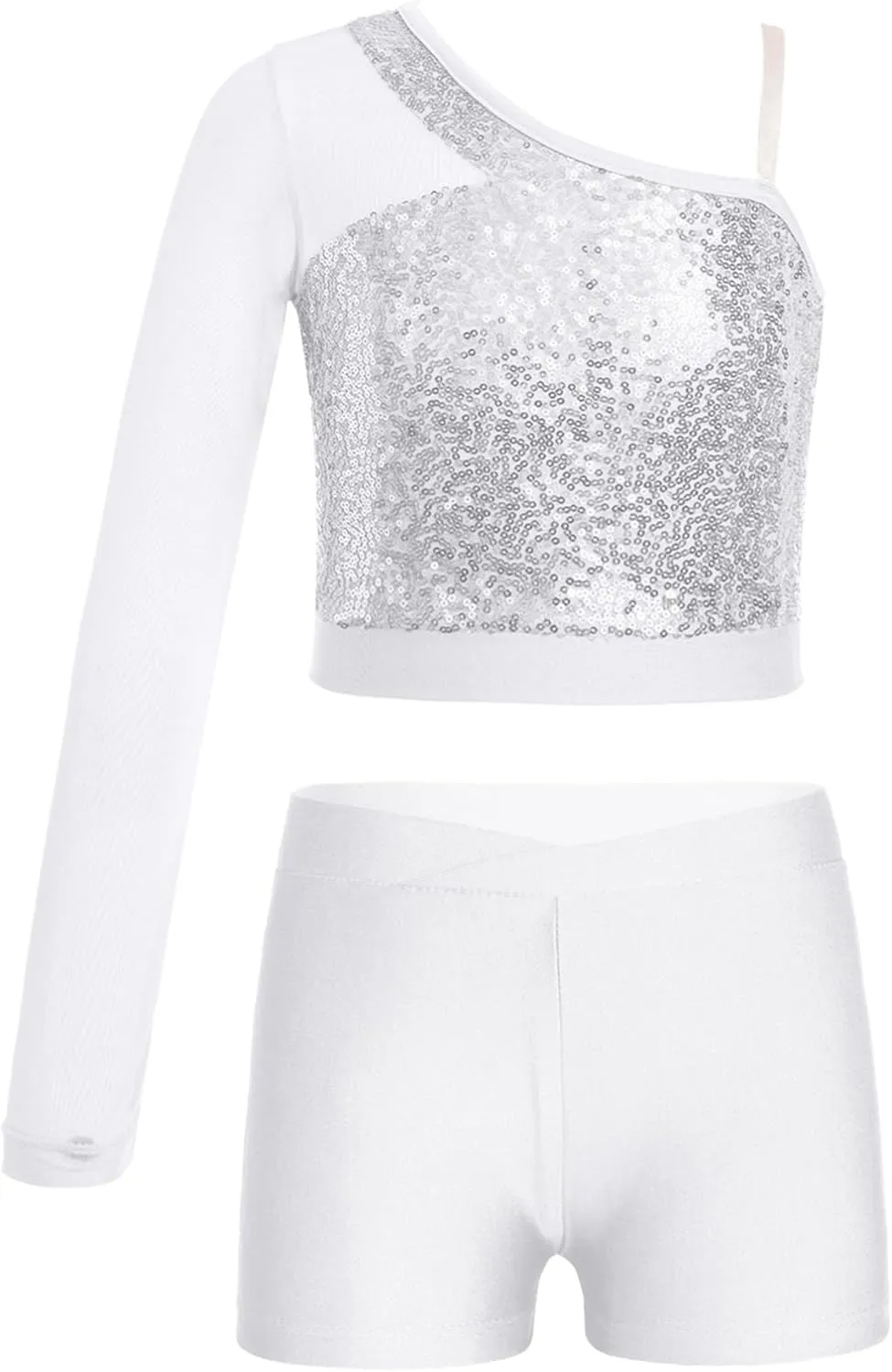 TiaoBug Girls Latin Jazz Modern Hip Hop Dance Outfits Sequins Mesh Long Sleeve One Shoulder Crop Top with Shorts Set
