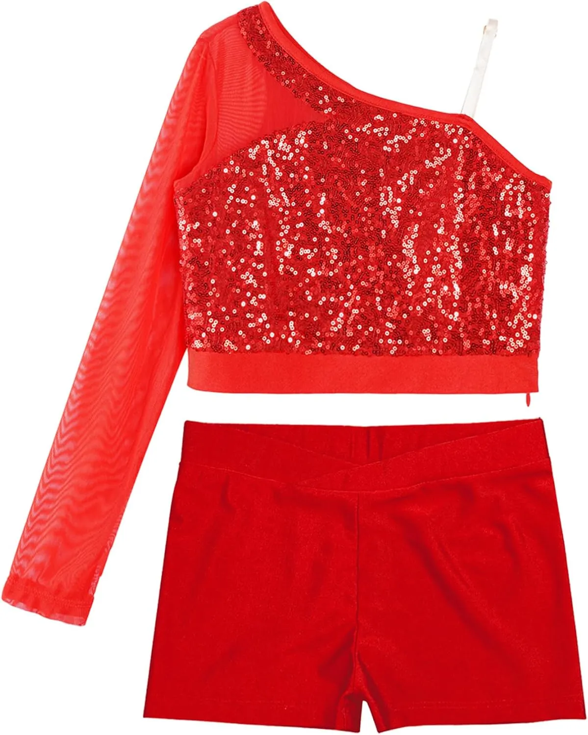 TiaoBug Girls Latin Jazz Modern Hip Hop Dance Outfits Sequins Mesh Long Sleeve One Shoulder Crop Top with Shorts Set