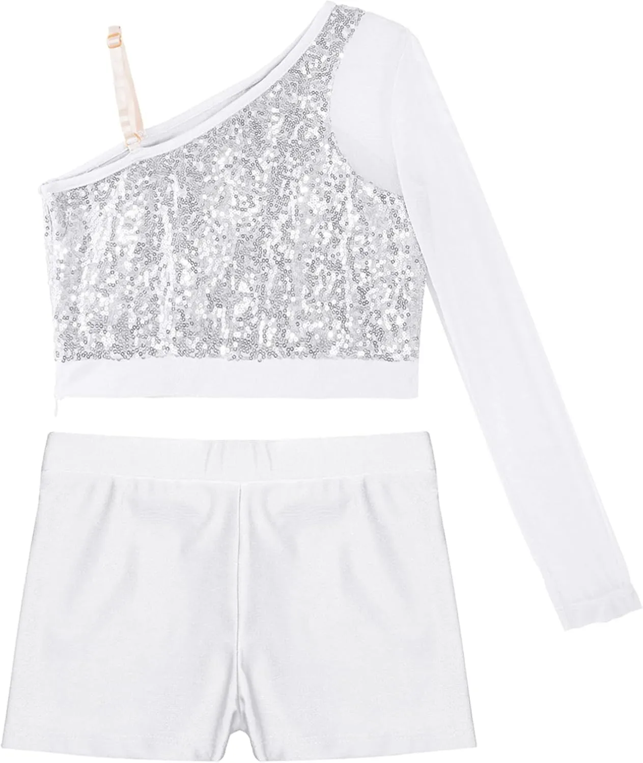 TiaoBug Girls Latin Jazz Modern Hip Hop Dance Outfits Sequins Mesh Long Sleeve One Shoulder Crop Top with Shorts Set