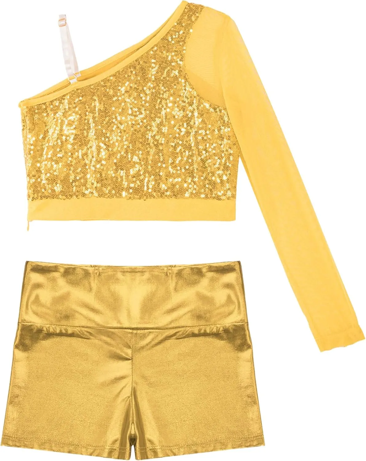 TiaoBug Girls Latin Jazz Modern Hip Hop Dance Outfits Sequins Mesh Long Sleeve One Shoulder Crop Top with Shorts Set