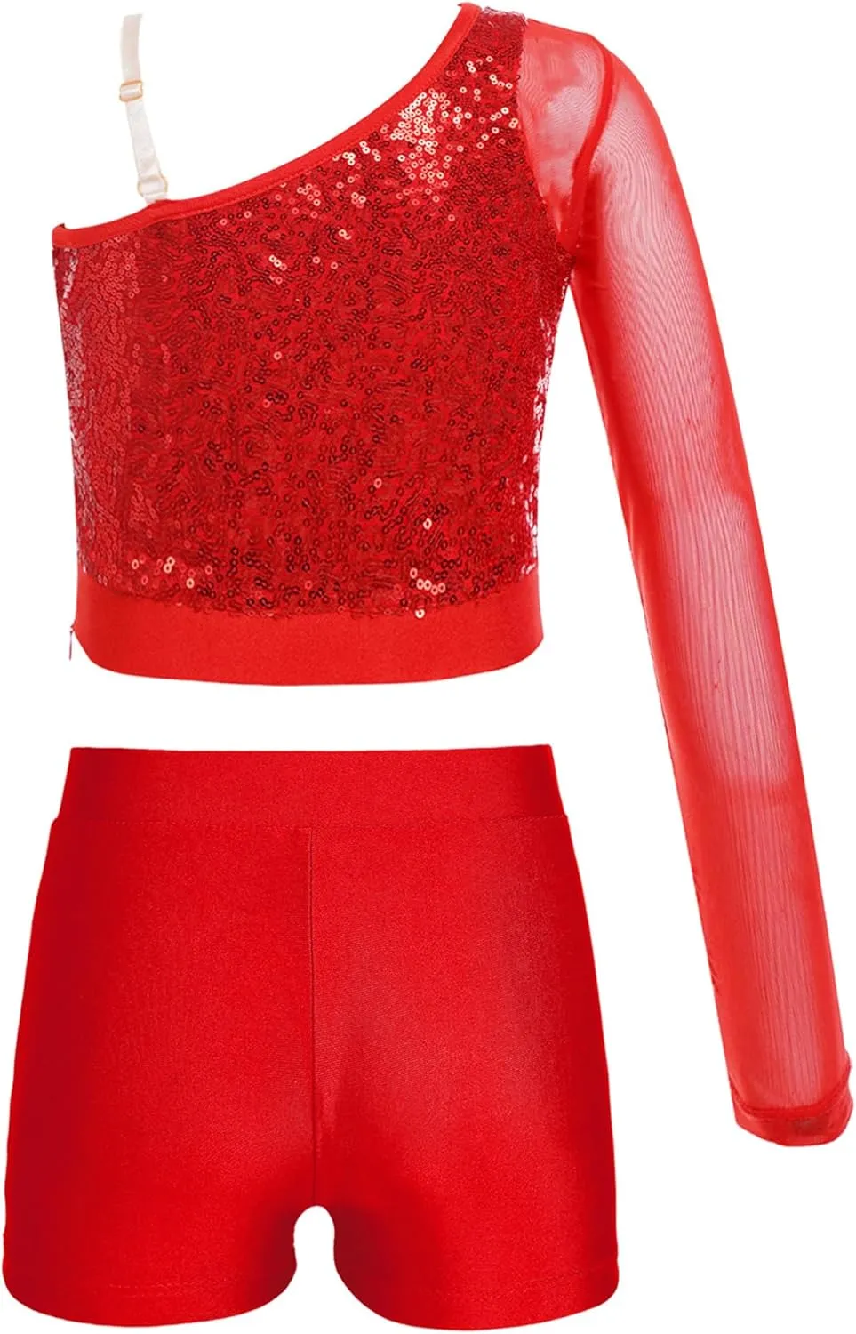TiaoBug Girls Latin Jazz Modern Hip Hop Dance Outfits Sequins Mesh Long Sleeve One Shoulder Crop Top with Shorts Set