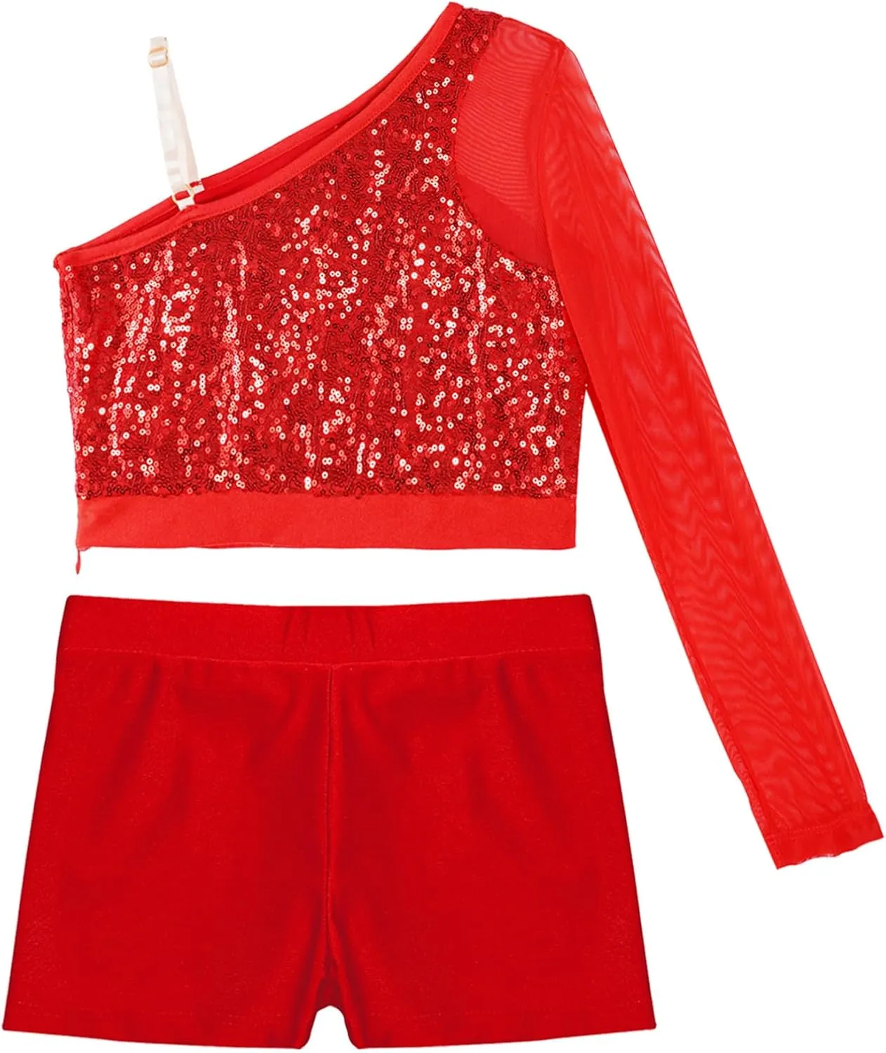 TiaoBug Girls Latin Jazz Modern Hip Hop Dance Outfits Sequins Mesh Long Sleeve One Shoulder Crop Top with Shorts Set