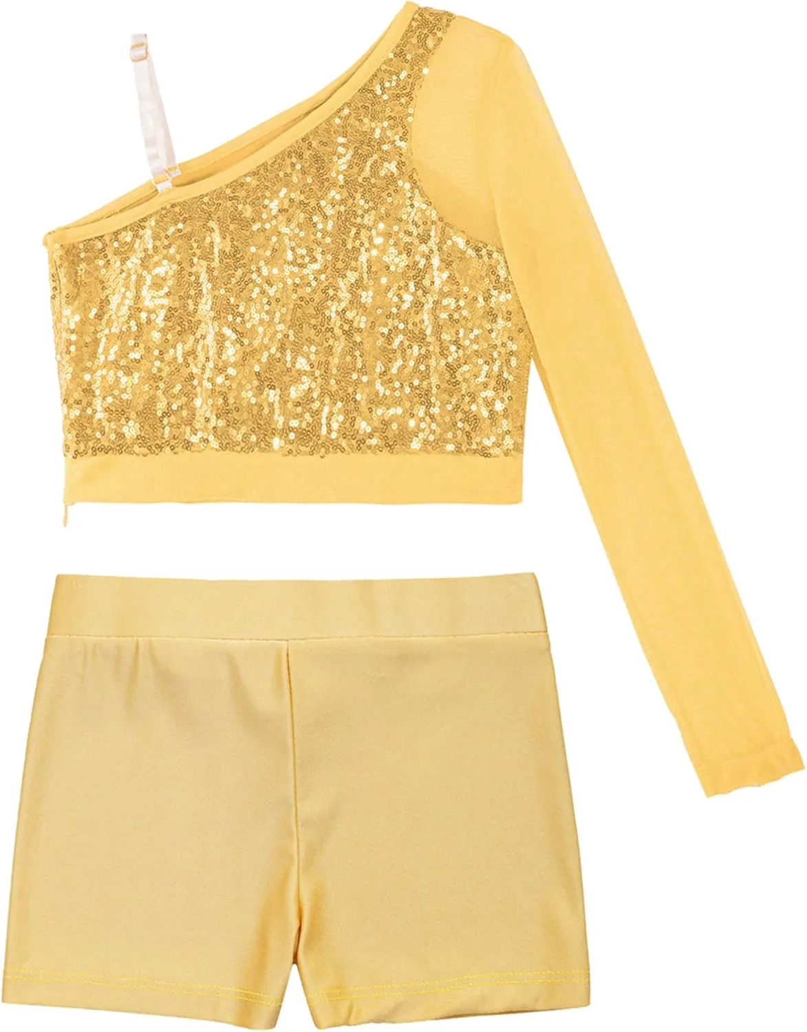 TiaoBug Girls Latin Jazz Modern Hip Hop Dance Outfits Sequins Mesh Long Sleeve One Shoulder Crop Top with Shorts Set