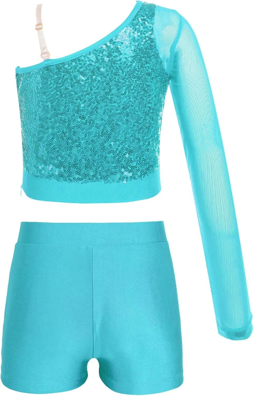 TiaoBug Girls Latin Jazz Modern Hip Hop Dance Outfits Sequins Mesh Long Sleeve One Shoulder Crop Top with Shorts Set