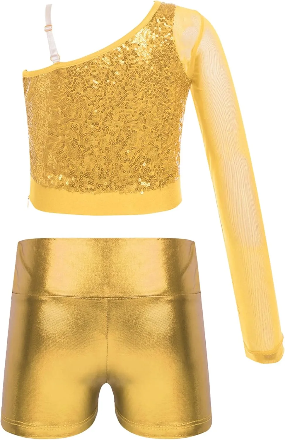 TiaoBug Girls Latin Jazz Modern Hip Hop Dance Outfits Sequins Mesh Long Sleeve One Shoulder Crop Top with Shorts Set