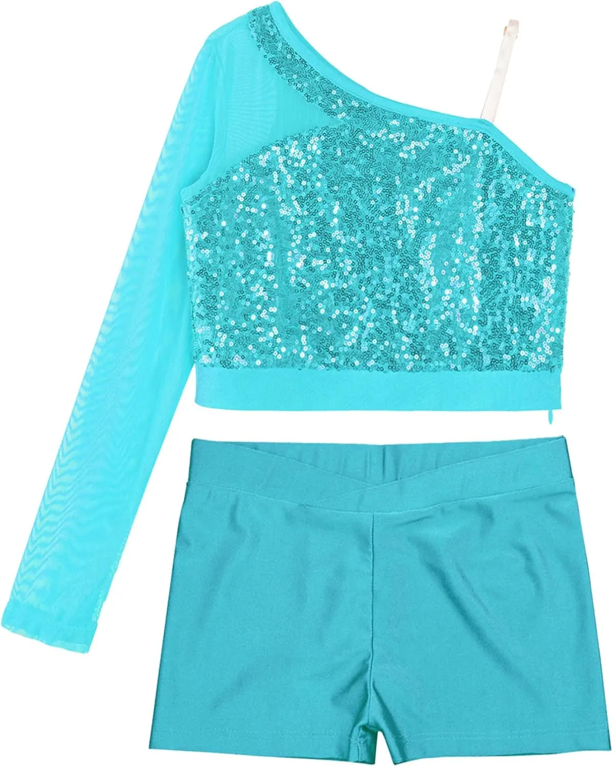 TiaoBug Girls Latin Jazz Modern Hip Hop Dance Outfits Sequins Mesh Long Sleeve One Shoulder Crop Top with Shorts Set
