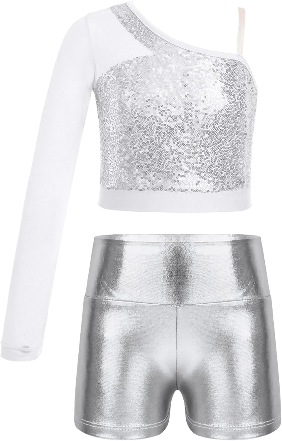 TiaoBug Girls Latin Jazz Modern Hip Hop Dance Outfits Sequins Mesh Long Sleeve One Shoulder Crop Top with Shorts Set