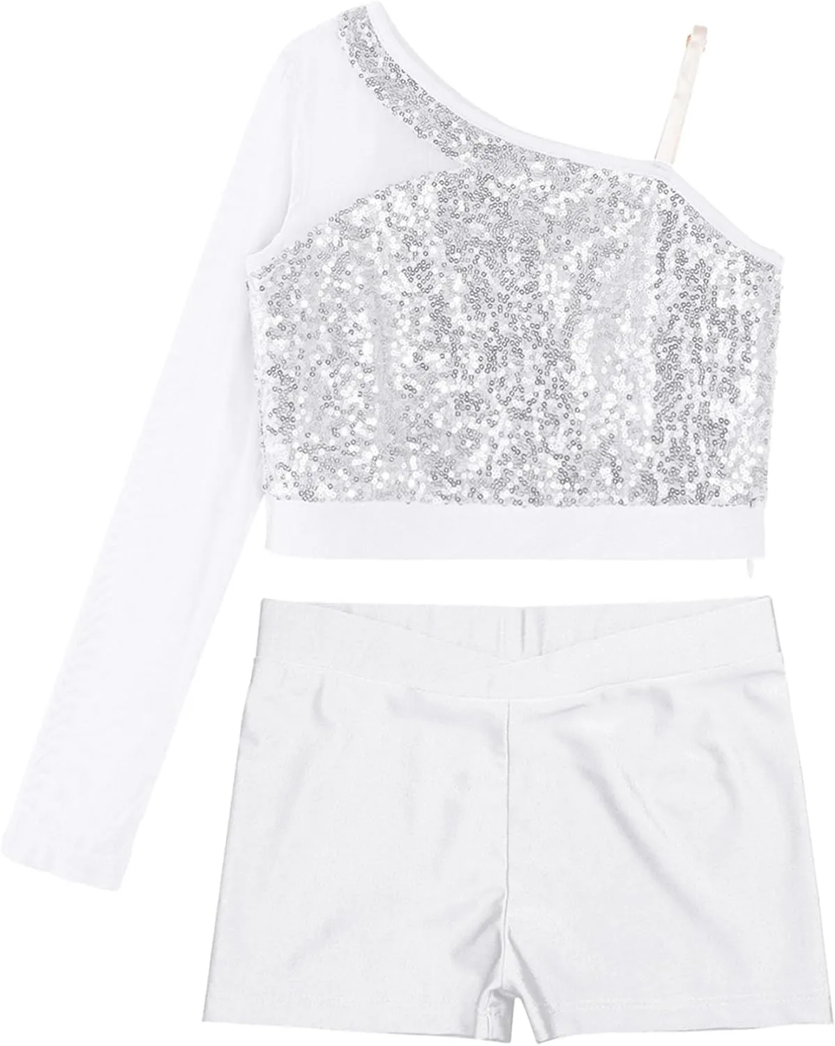 TiaoBug Girls Latin Jazz Modern Hip Hop Dance Outfits Sequins Mesh Long Sleeve One Shoulder Crop Top with Shorts Set