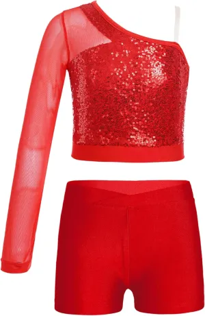 TiaoBug Girls Latin Jazz Modern Hip Hop Dance Outfits Sequins Mesh Long Sleeve One Shoulder Crop Top with Shorts Set