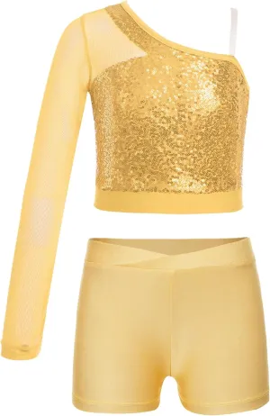 TiaoBug Girls Latin Jazz Modern Hip Hop Dance Outfits Sequins Mesh Long Sleeve One Shoulder Crop Top with Shorts Set