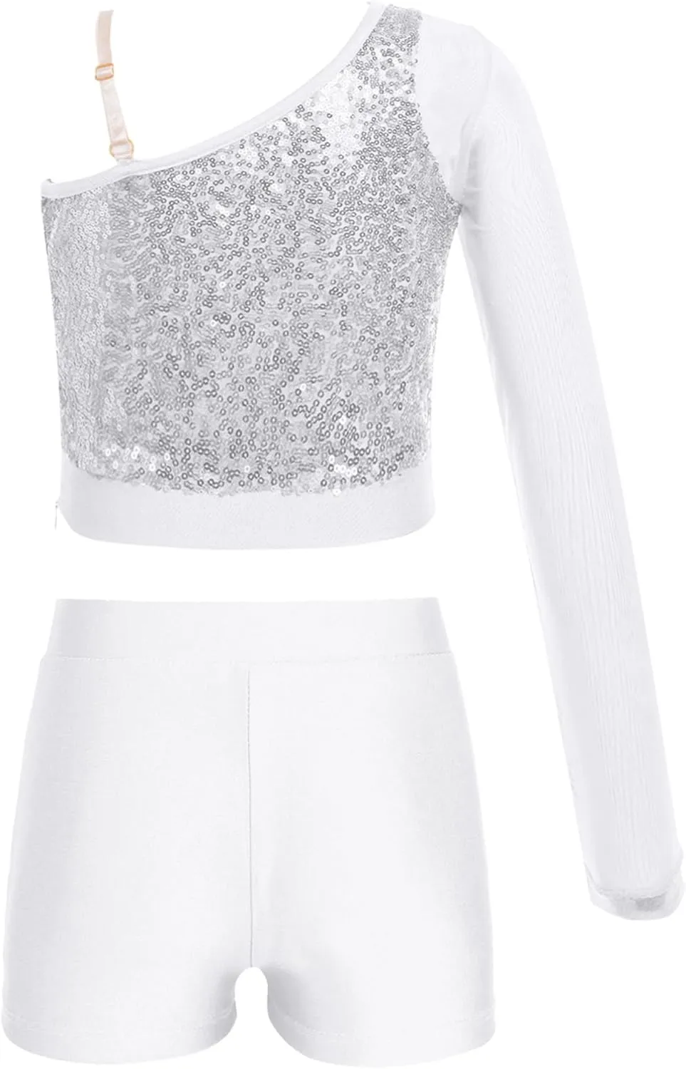 TiaoBug Girls Latin Jazz Modern Hip Hop Dance Outfits Sequins Mesh Long Sleeve One Shoulder Crop Top with Shorts Set