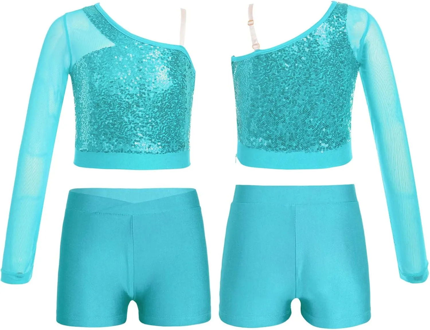 TiaoBug Girls Latin Jazz Modern Hip Hop Dance Outfits Sequins Mesh Long Sleeve One Shoulder Crop Top with Shorts Set