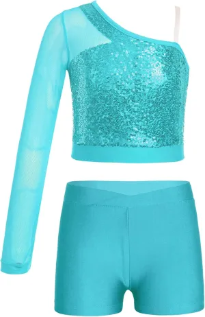 TiaoBug Girls Latin Jazz Modern Hip Hop Dance Outfits Sequins Mesh Long Sleeve One Shoulder Crop Top with Shorts Set