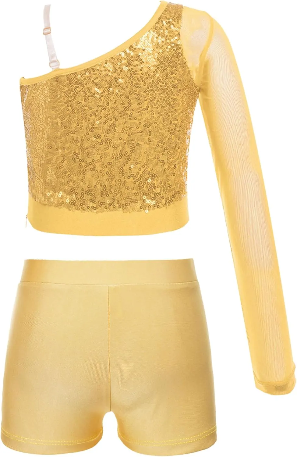 TiaoBug Girls Latin Jazz Modern Hip Hop Dance Outfits Sequins Mesh Long Sleeve One Shoulder Crop Top with Shorts Set