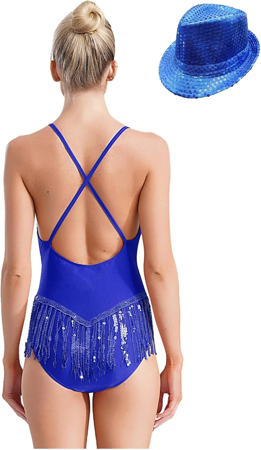 TiaoBug Women's Ballroom Dance Costume Sequin Fringe Leotard with Sequin Hat Latin Samba Jazz Dance Dress