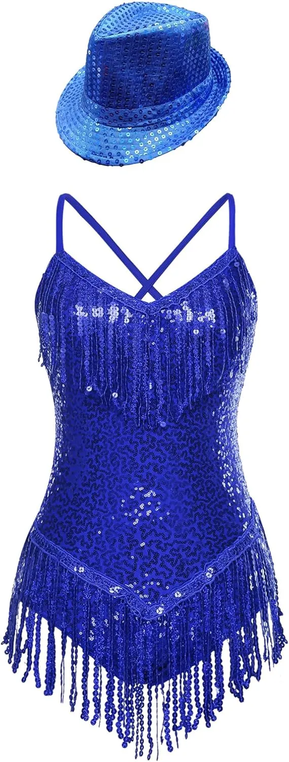 TiaoBug Women's Ballroom Dance Costume Sequin Fringe Leotard with Sequin Hat Latin Samba Jazz Dance Dress