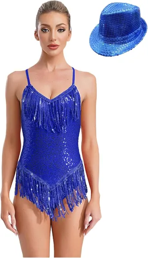 TiaoBug Women's Ballroom Dance Costume Sequin Fringe Leotard with Sequin Hat Latin Samba Jazz Dance Dress