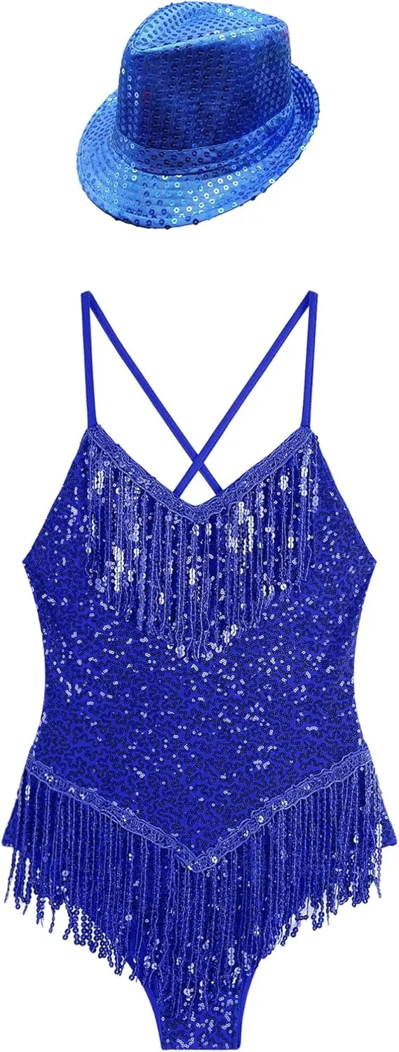 TiaoBug Women's Ballroom Dance Costume Sequin Fringe Leotard with Sequin Hat Latin Samba Jazz Dance Dress