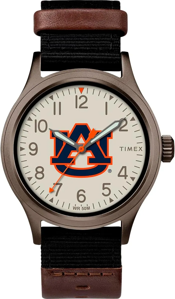 Timex Men's Collegiate Clutch 40mm Watch – Alabama Crimson Tide with Black Fabric & Brown Leather Strap