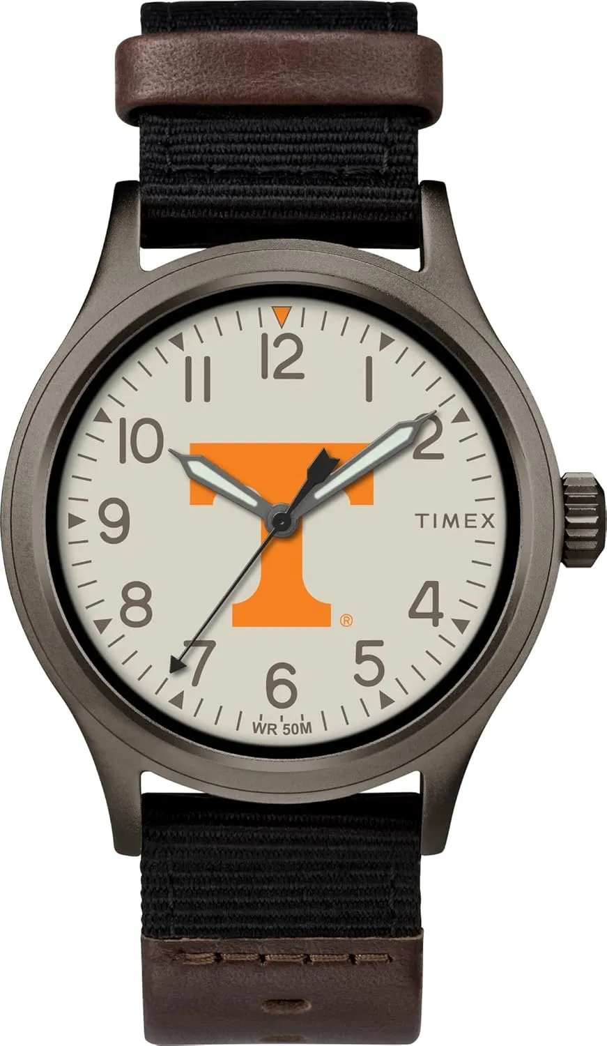 Timex Men's Collegiate Clutch 40mm Watch – Alabama Crimson Tide with Black Fabric & Brown Leather Strap