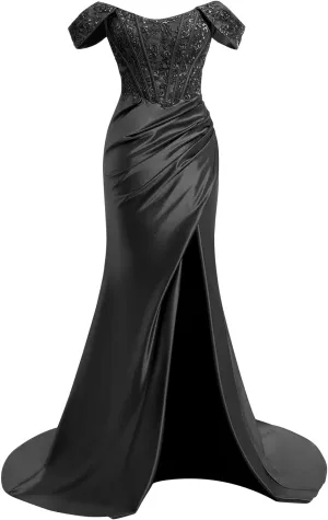 TIRAS Off Shoulder Lace Appliques Satin Prom Mermaid Dresses for Women 2025 Long Split Formal Evening Gown CM263