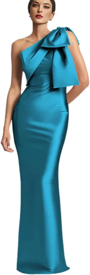 TIRAS One Shoulder Mother of The Bride Dress 2025 with Bow Long Simple Satin Mermaid Bridesmaid Dresses for Women CM386