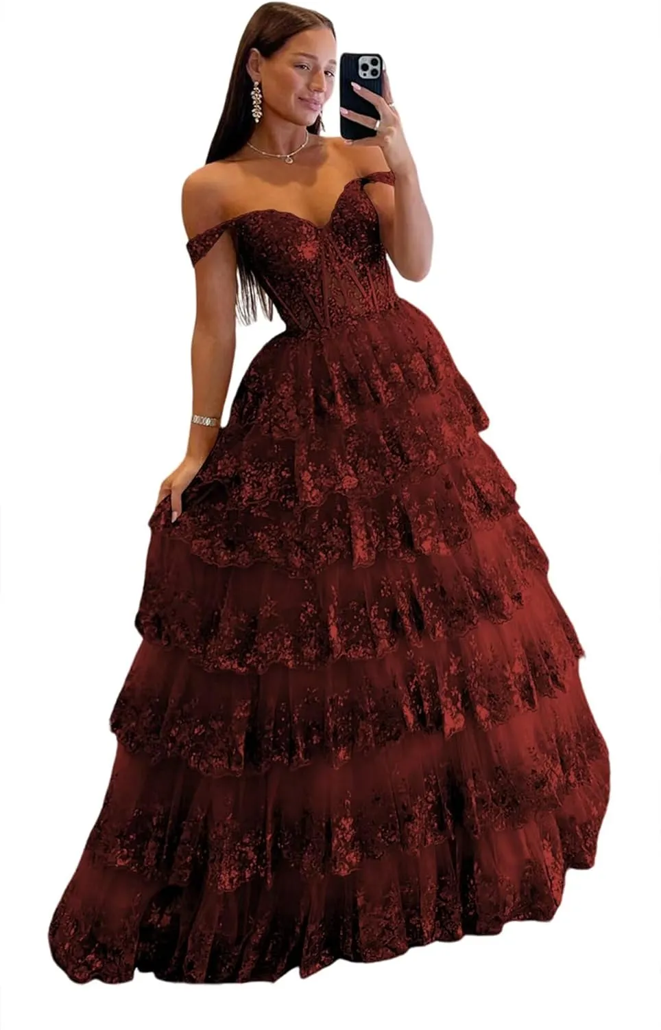 TIRAS Sweetheart Prom Dress Long with Slit Off Shoulder Lace Applique Evening Dress for Teens CM274