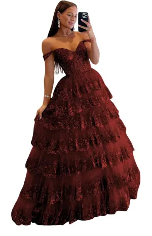 TIRAS Sweetheart Prom Dress Long with Slit Off Shoulder Lace Applique Evening Dress for Teens CM274